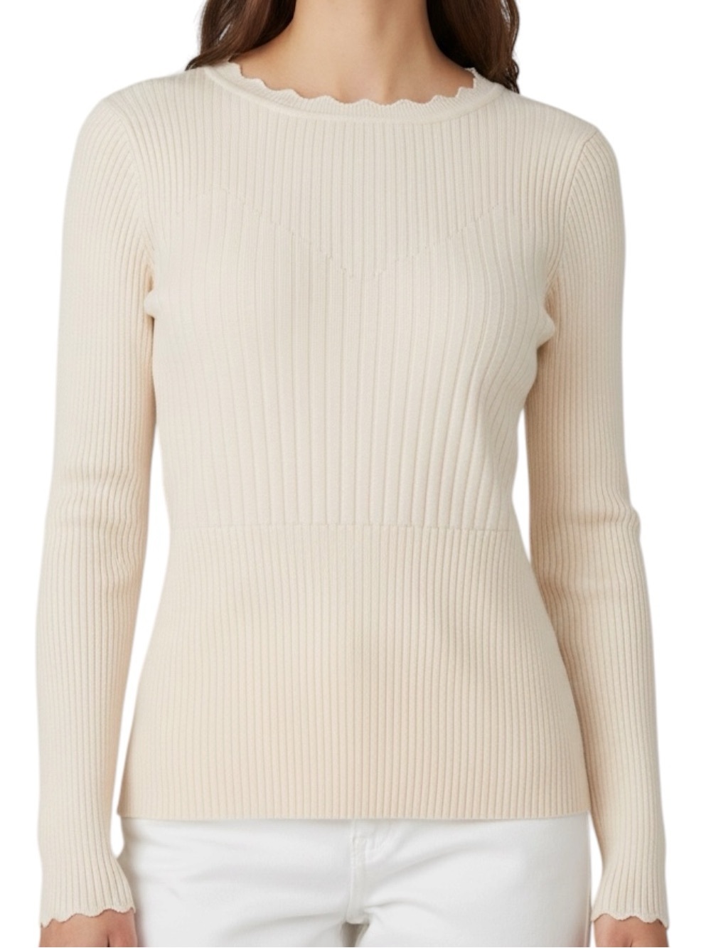 NWT ADRIANNA PAPELL Cream Scallop Neck Ribbed Long Sleeve Sweater Size Medium